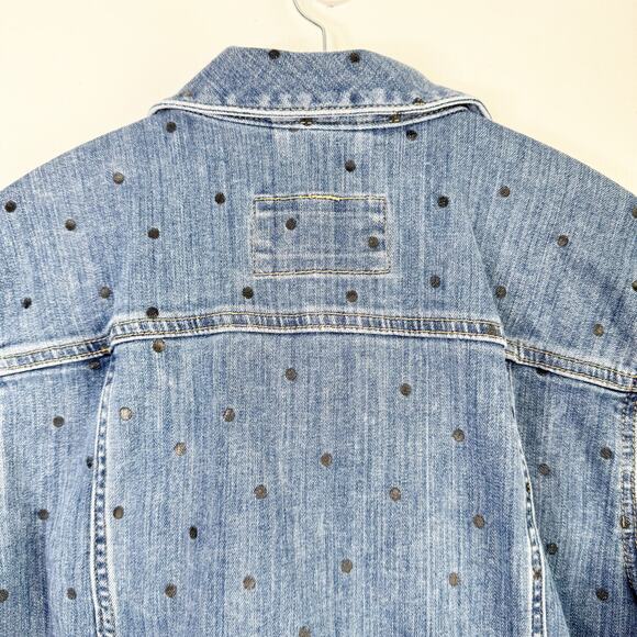LOFT Collared Long Sleeve Polka Dot Denim Jacket Stretch Size Large L Preppy - Picture 12 of 12